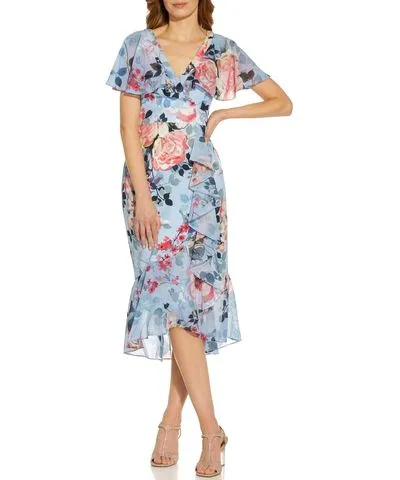 Adrianna Papell Womens Floral Midi Wrap Dress