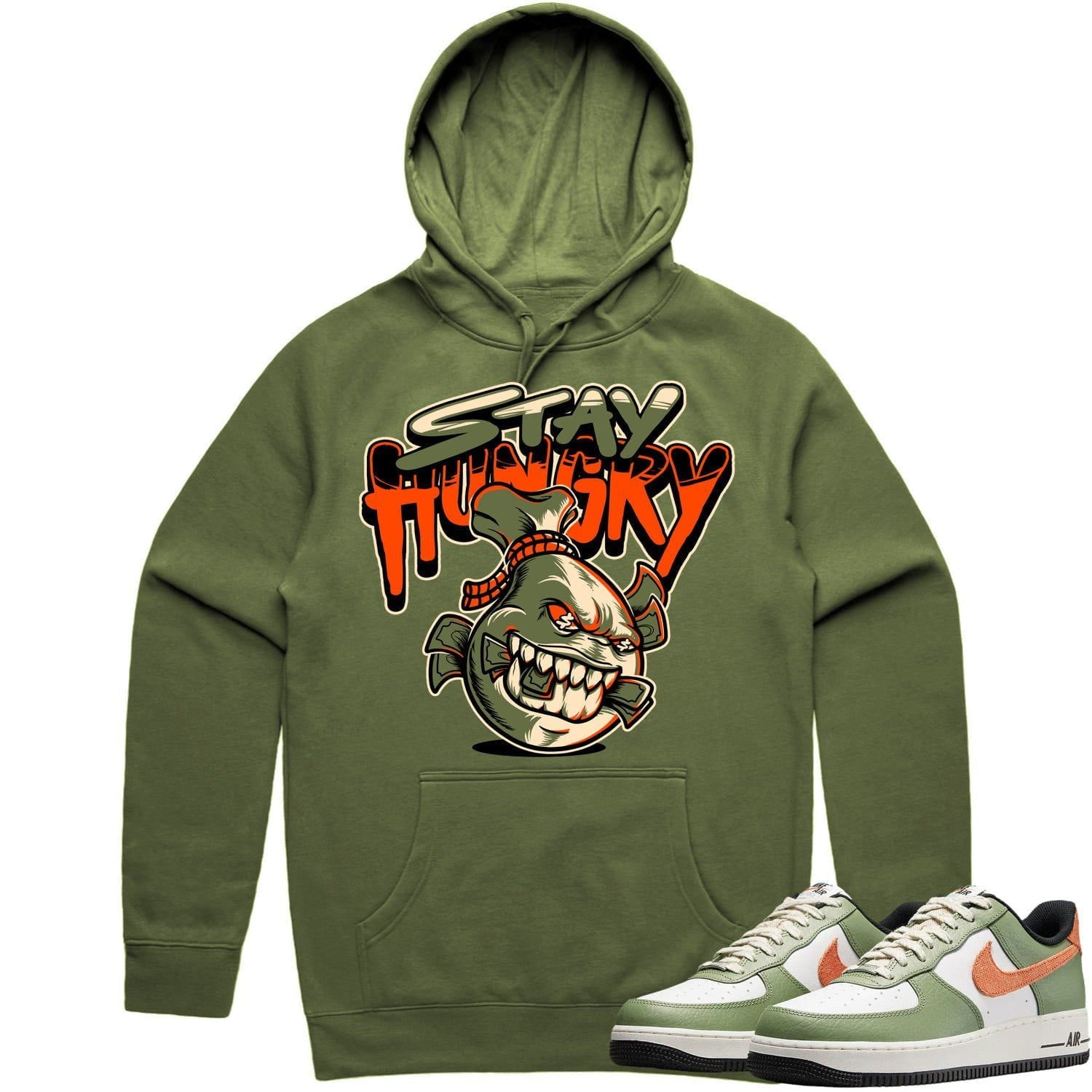 Air Force 1 Oil Green Hoodie to Match - CELADON STAY HUNGRY