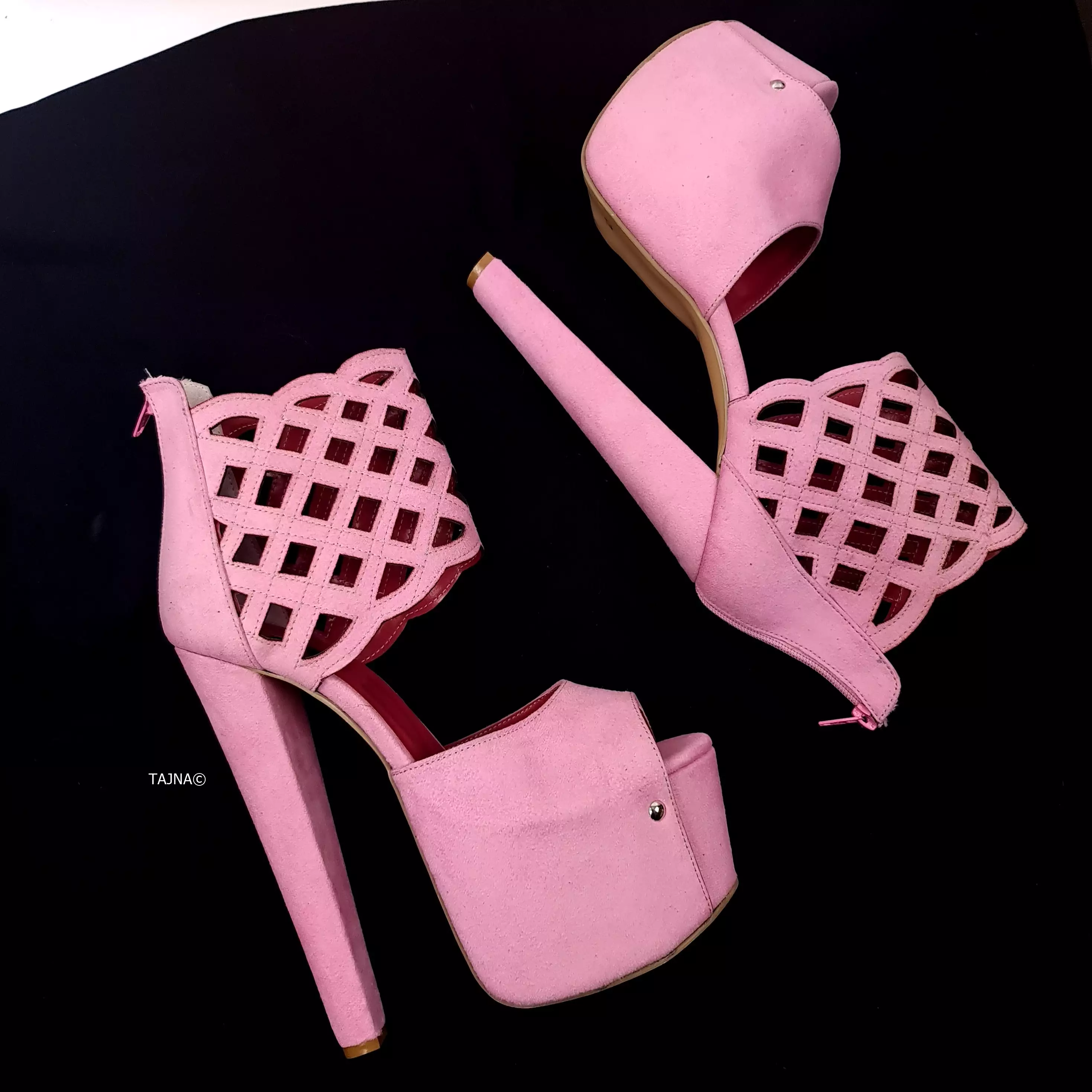 Ankle Cut Laser Detail Pink Suede Chunky High Heels