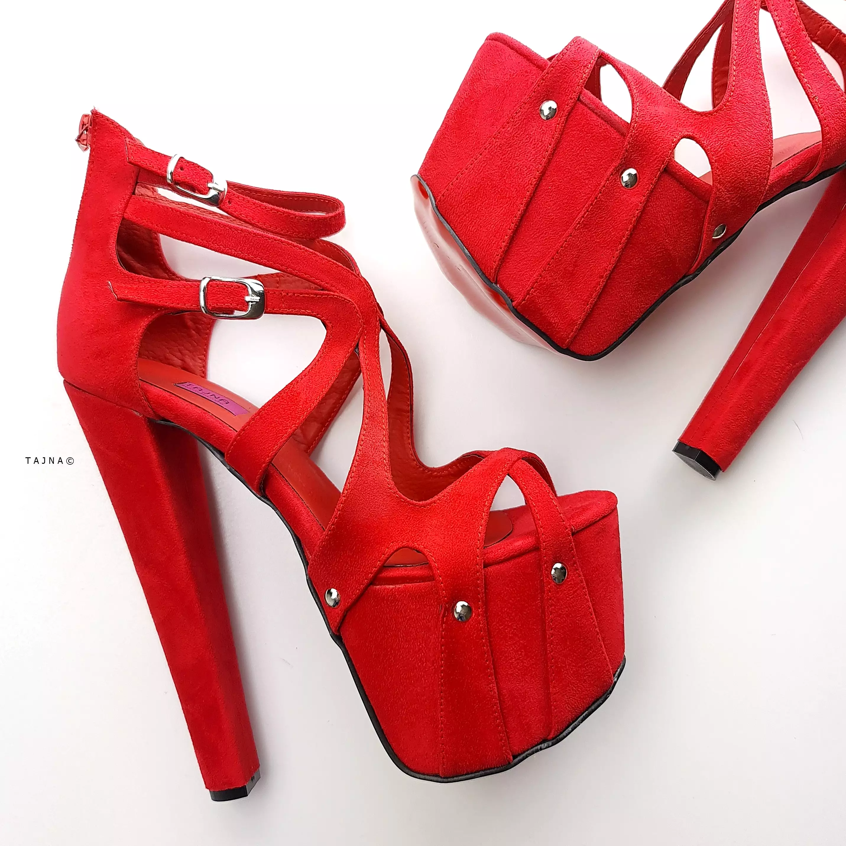 Ankle Cut Red Suede Cage Chunky High Heels