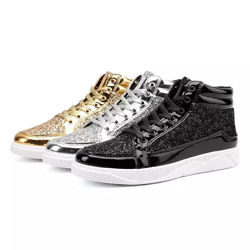 Ashore Shop Men High Top Sneakers Male Ankle Boots Gold Luxury Glitter Shoes Streetwear