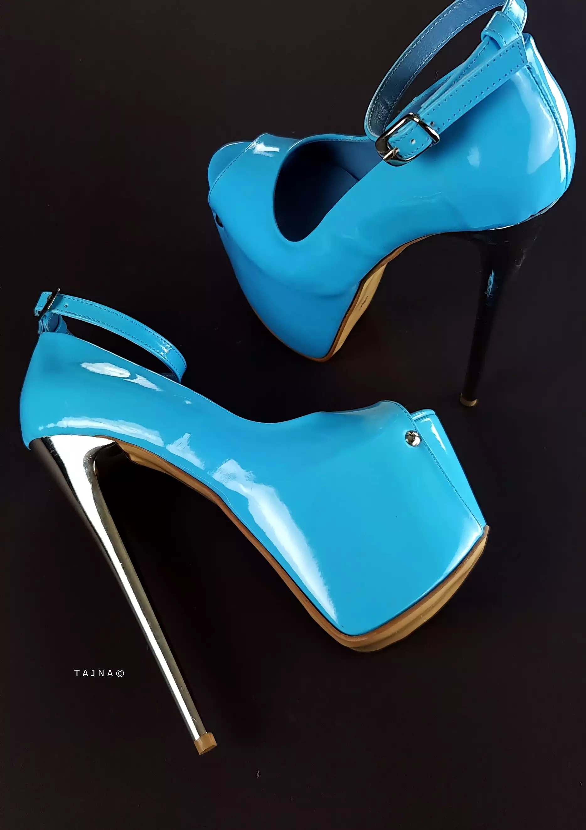 Baby Blue Gloss Ankle Strap Metallic High Heels