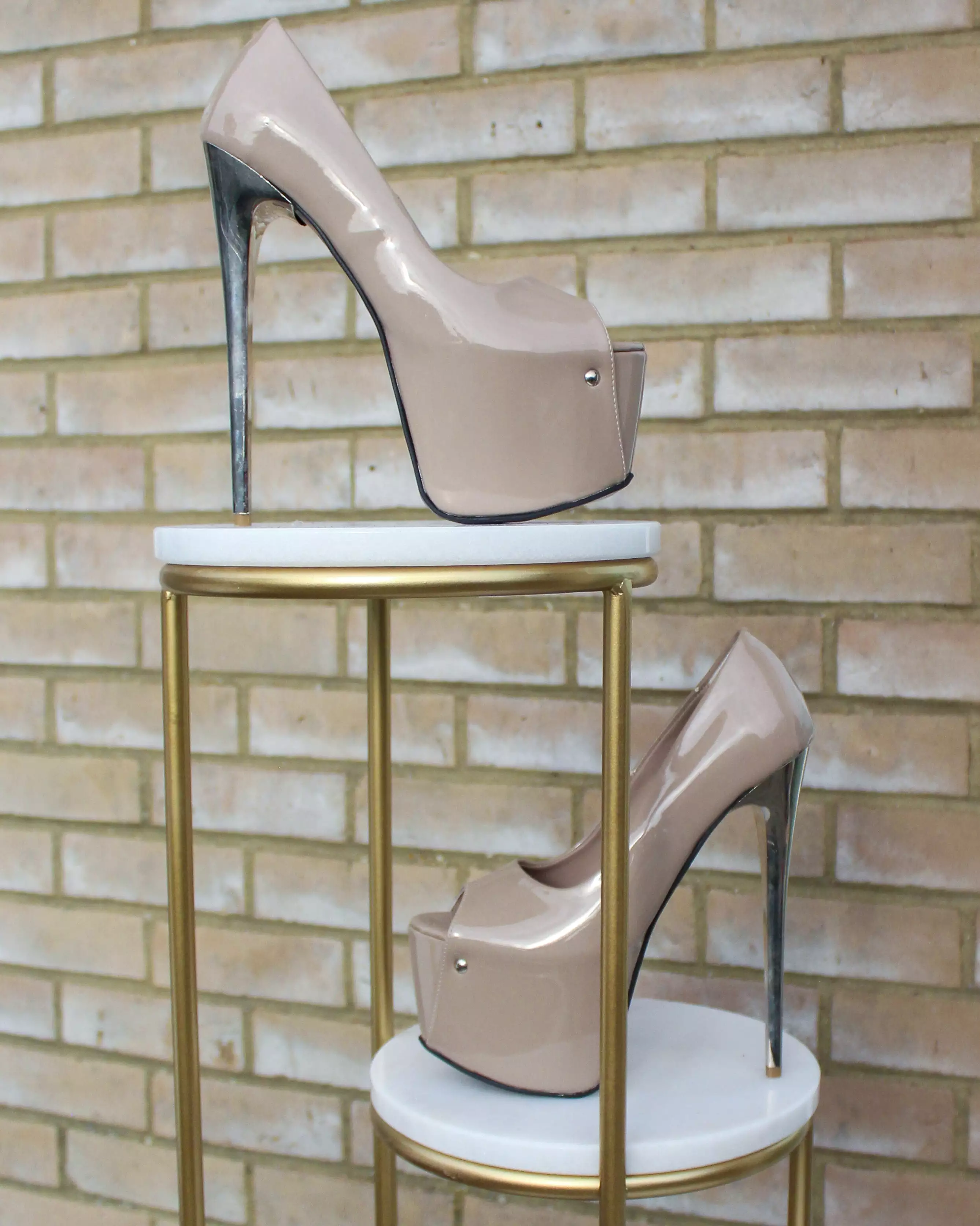 Beige Gloss Peep Toe Metallic High Heels