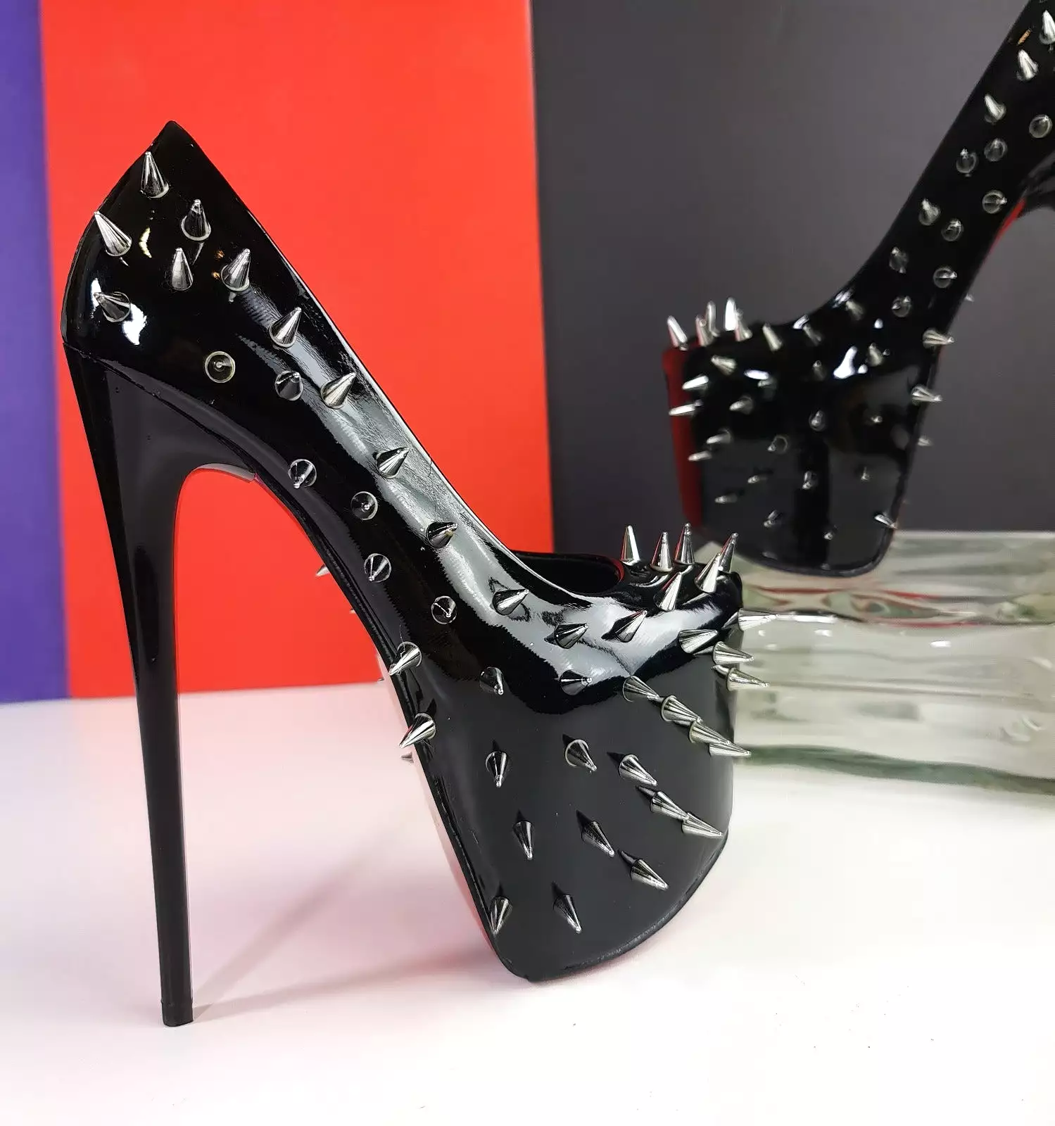 Black Gloss Spike Stutted Platform High Heels