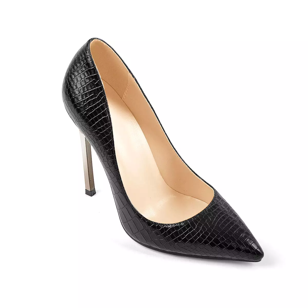 Black Leather Metal Heels Pointed Toe High Heel Pumps