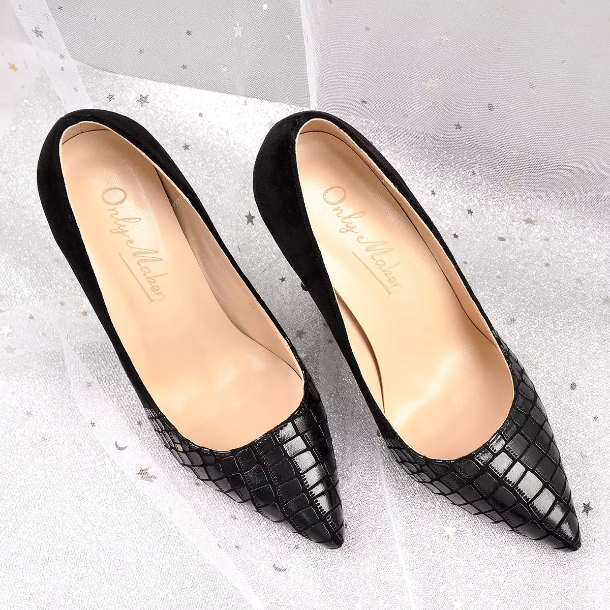 Black Pointed Toe Pumps Chunky Heels Slip on Pumps