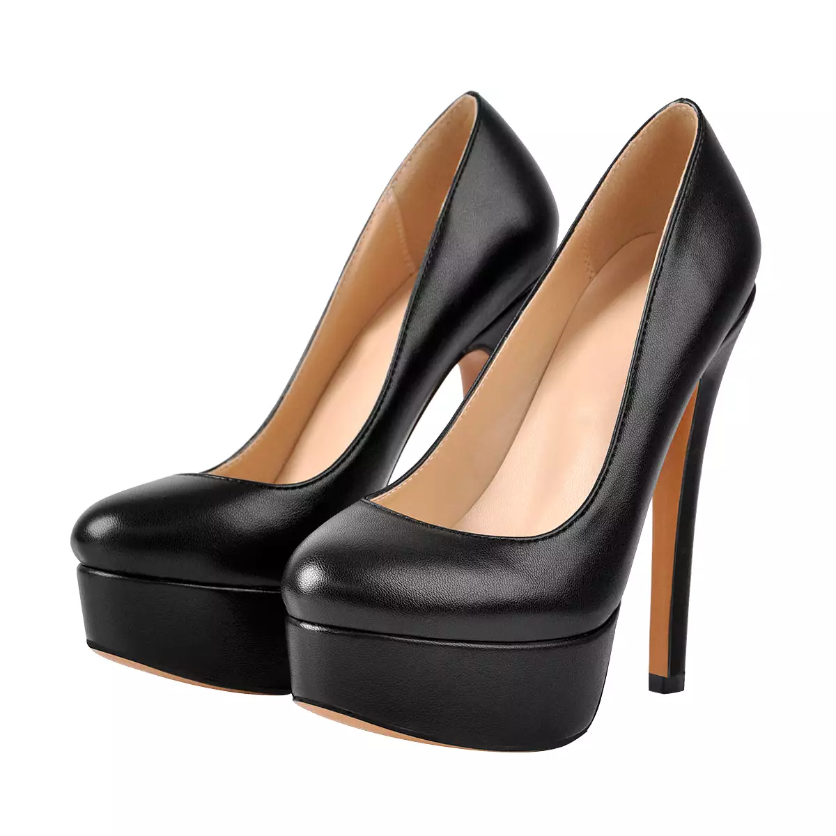 Black Round Toe Stiletto High Heel 3.5CM Platform Slip On Pumps