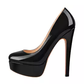 Black Round Toe Stiletto High Heel 3.5CM Platform Slip On Pumps