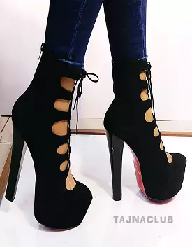 Black Suede Caged Lace up Platform Red High Heels