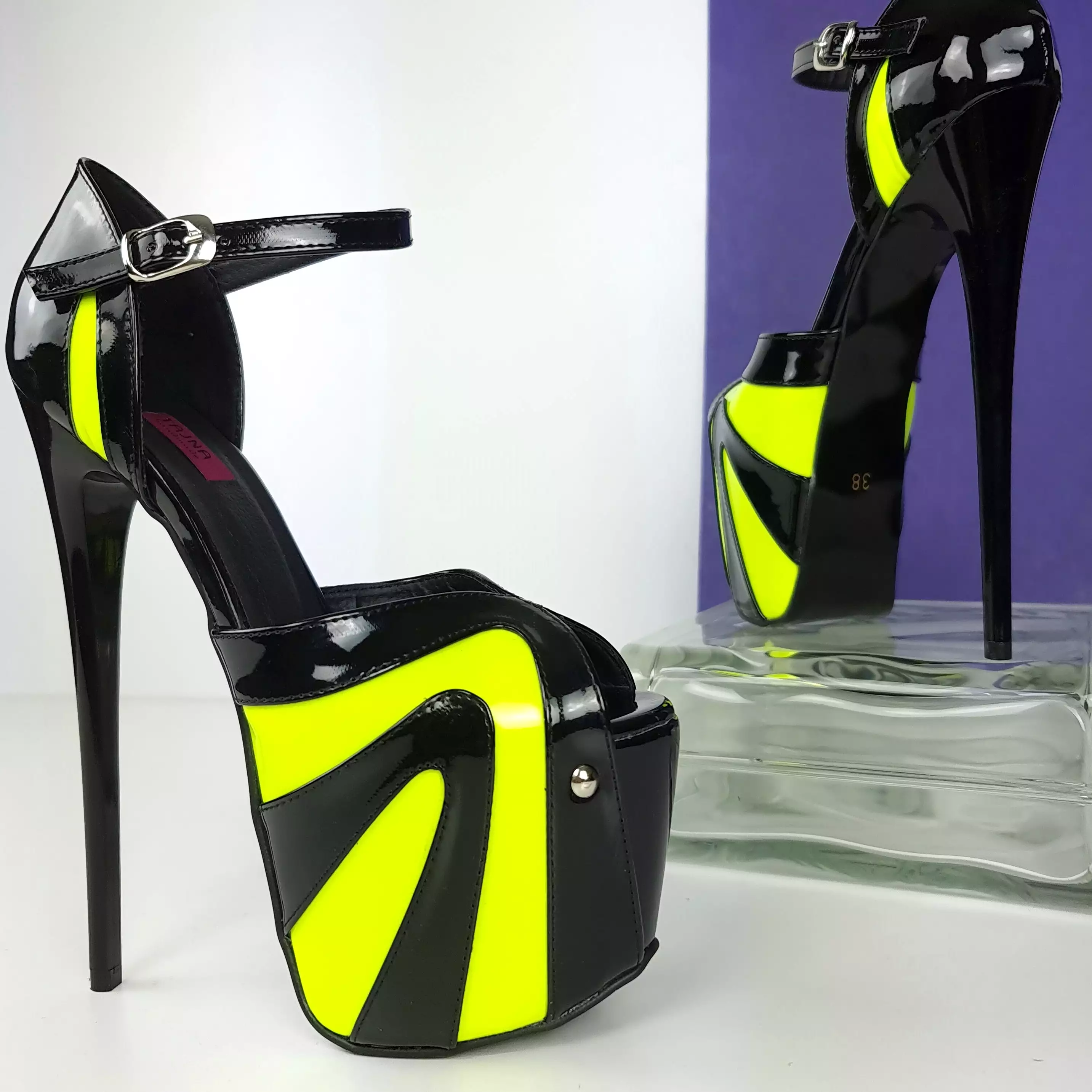 Black Yellow Neon Ankle Strap High Heels