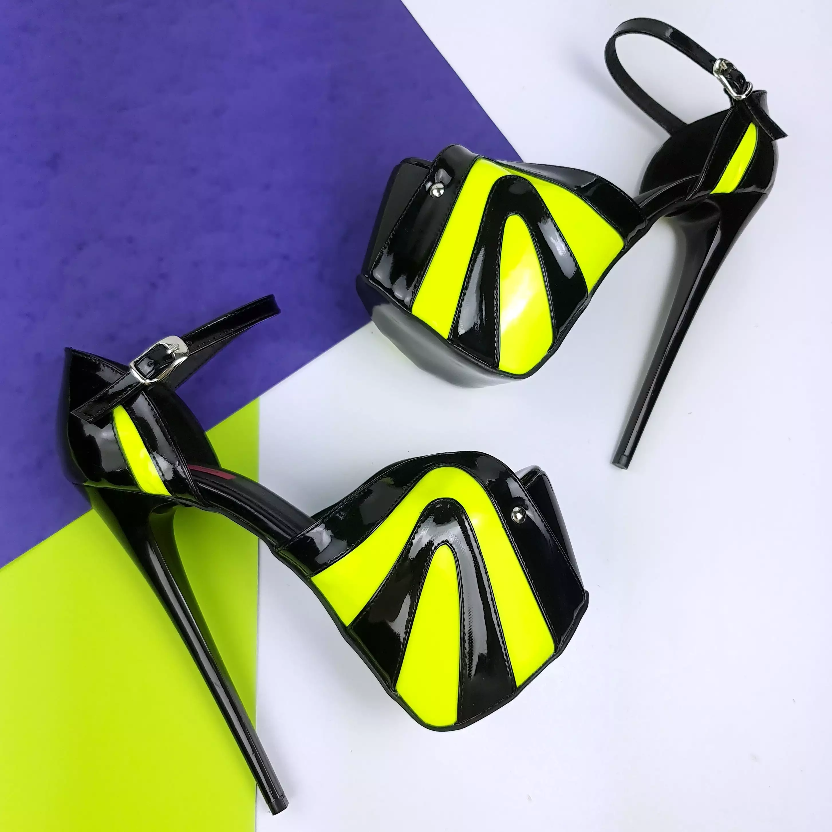 Black Yellow Neon Ankle Strap High Heels