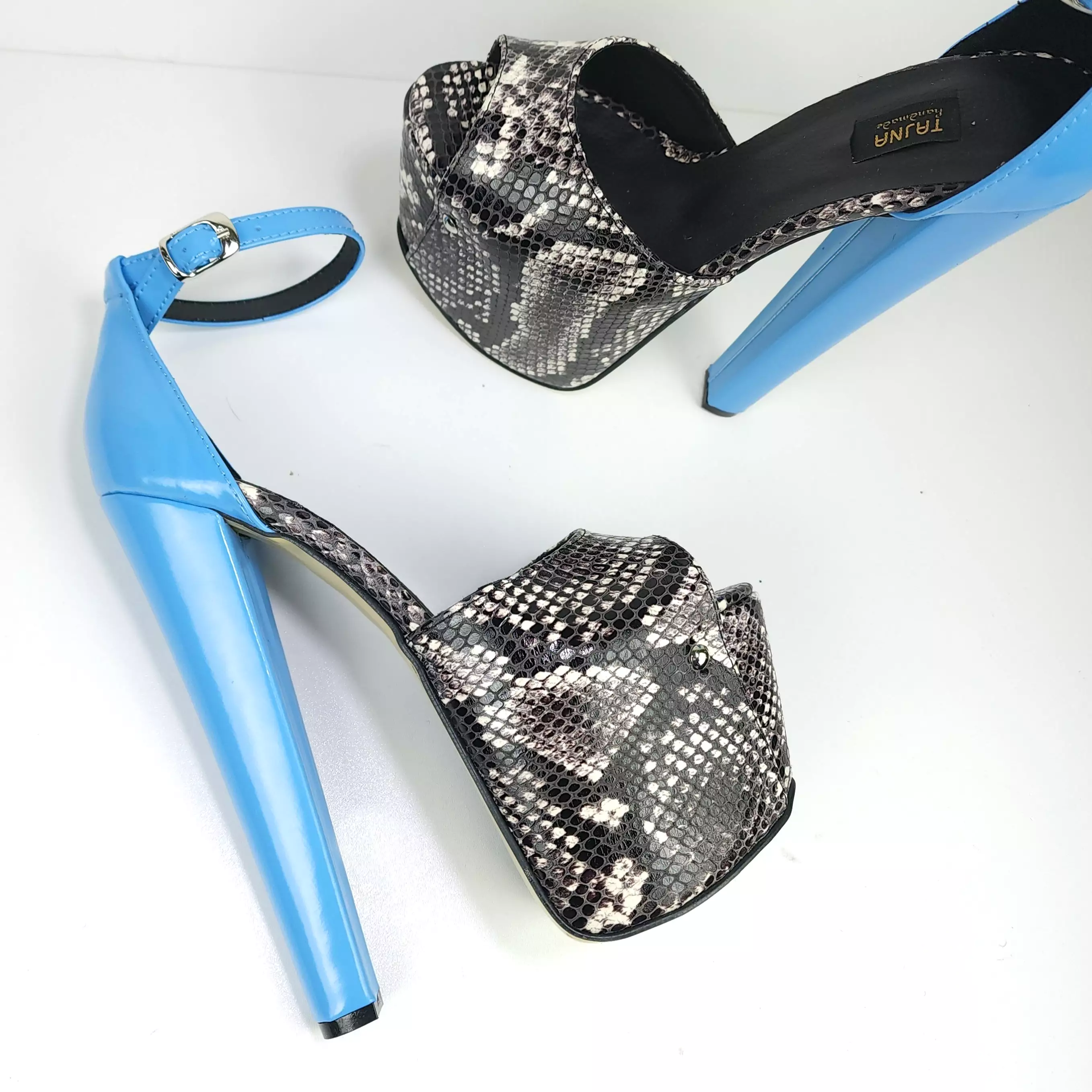 Blue Gray Snake Print Ankle Strap Sandals