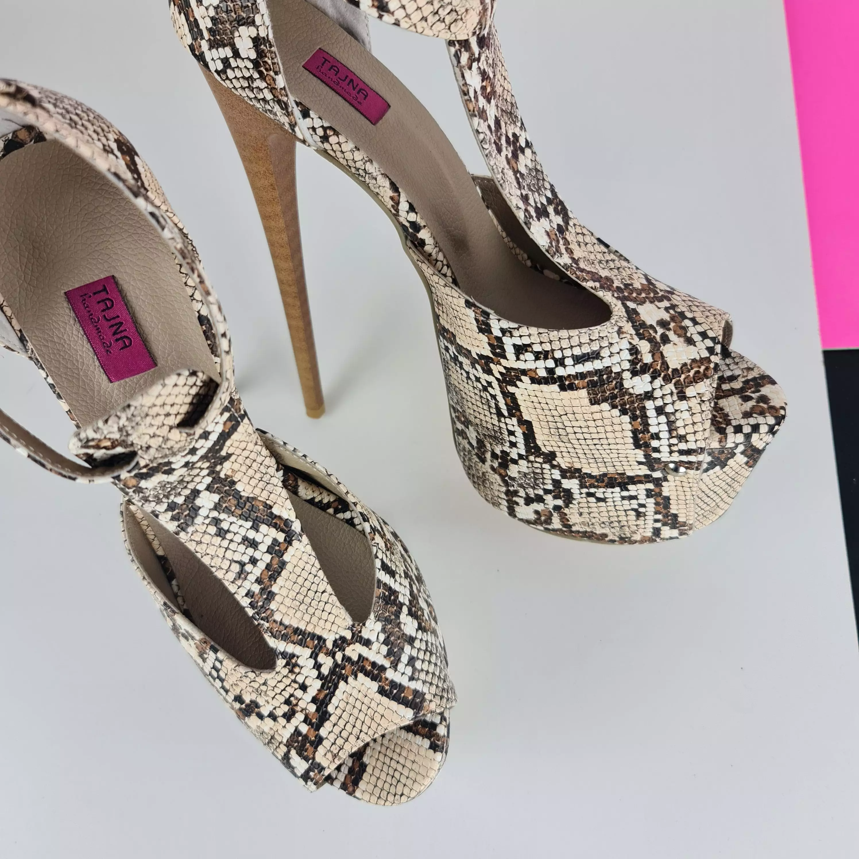 Brown Snake Print T-Strap Ankle High Heels