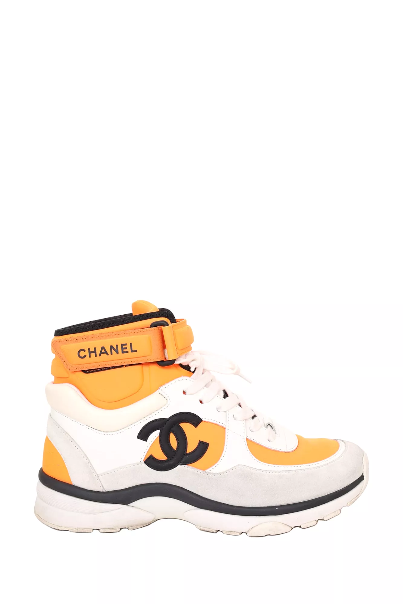 Chanel White/Orange Fabric/Leather Interlocking CC High Top Sneakers Size 37