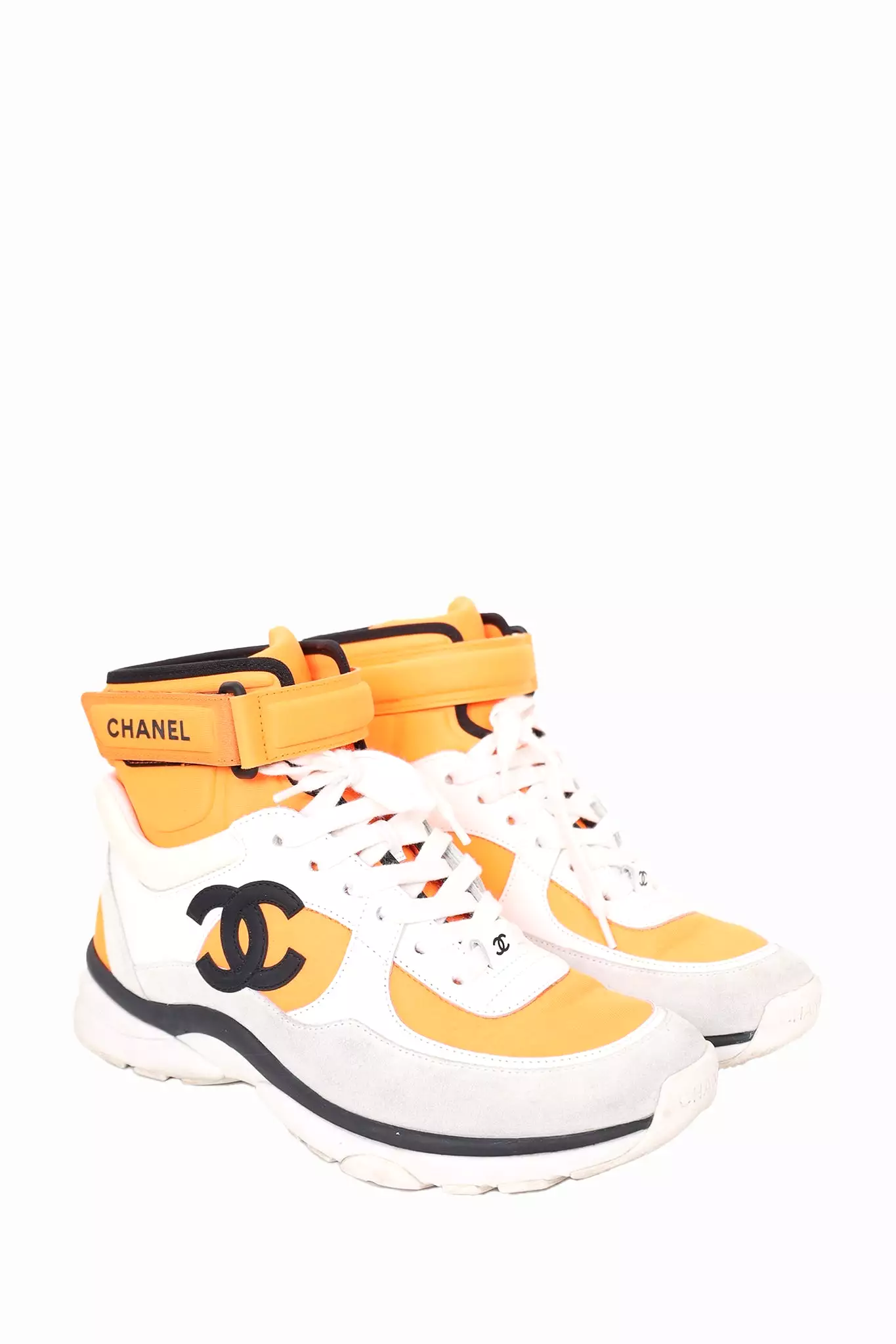 Chanel White/Orange Fabric/Leather Interlocking CC High Top Sneakers Size 37