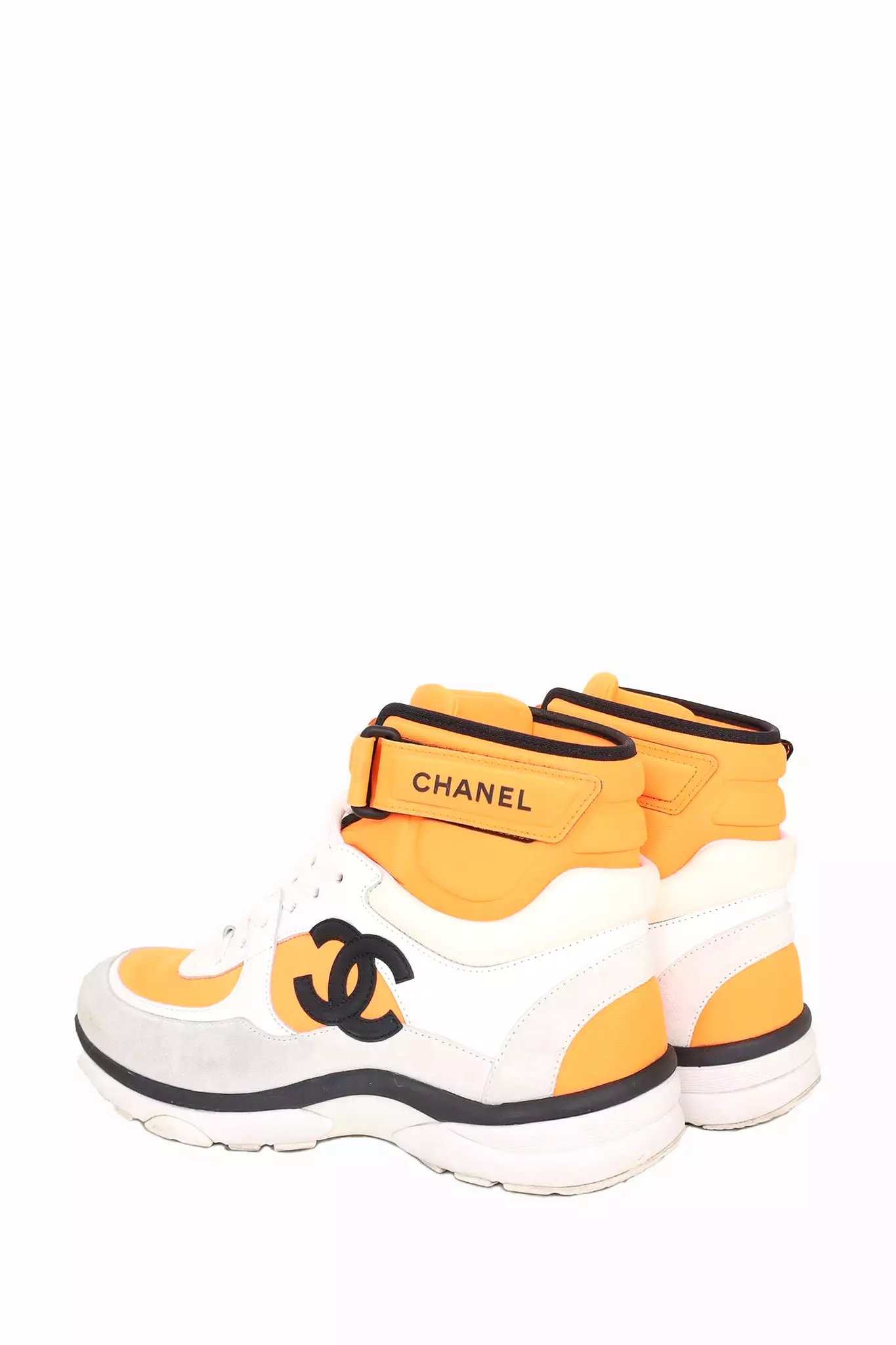 Chanel White/Orange Fabric/Leather Interlocking CC High Top Sneakers Size 37