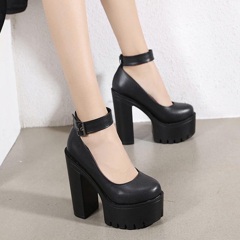 Chunky Block High Heel Platform Shoes Ankle Strap Buckle Pumps Gothic Punk Shoes For Model Nightclub