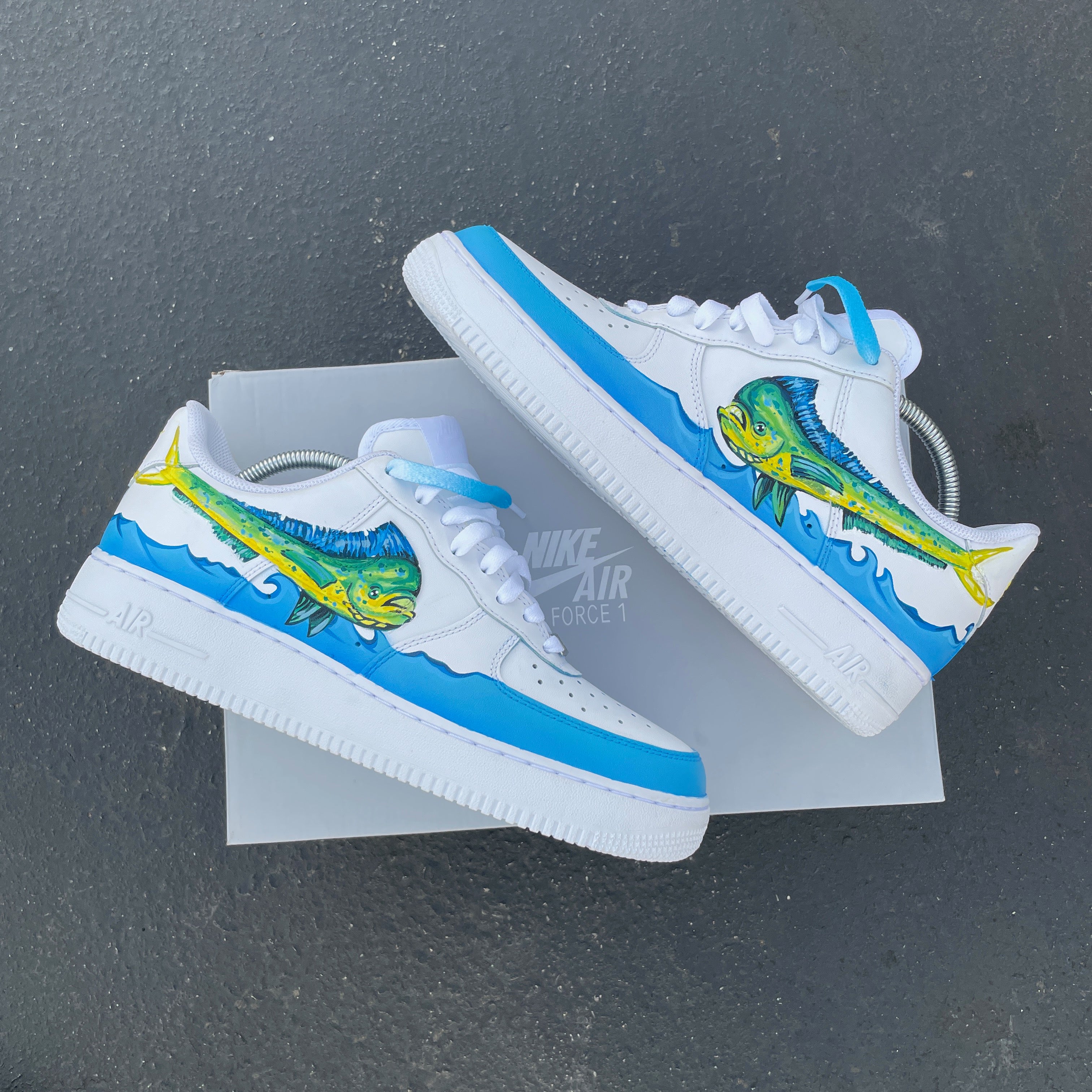 Custom Hand Painted White Mahi-mahi Fishing Themed Nike Air Force 1 Low