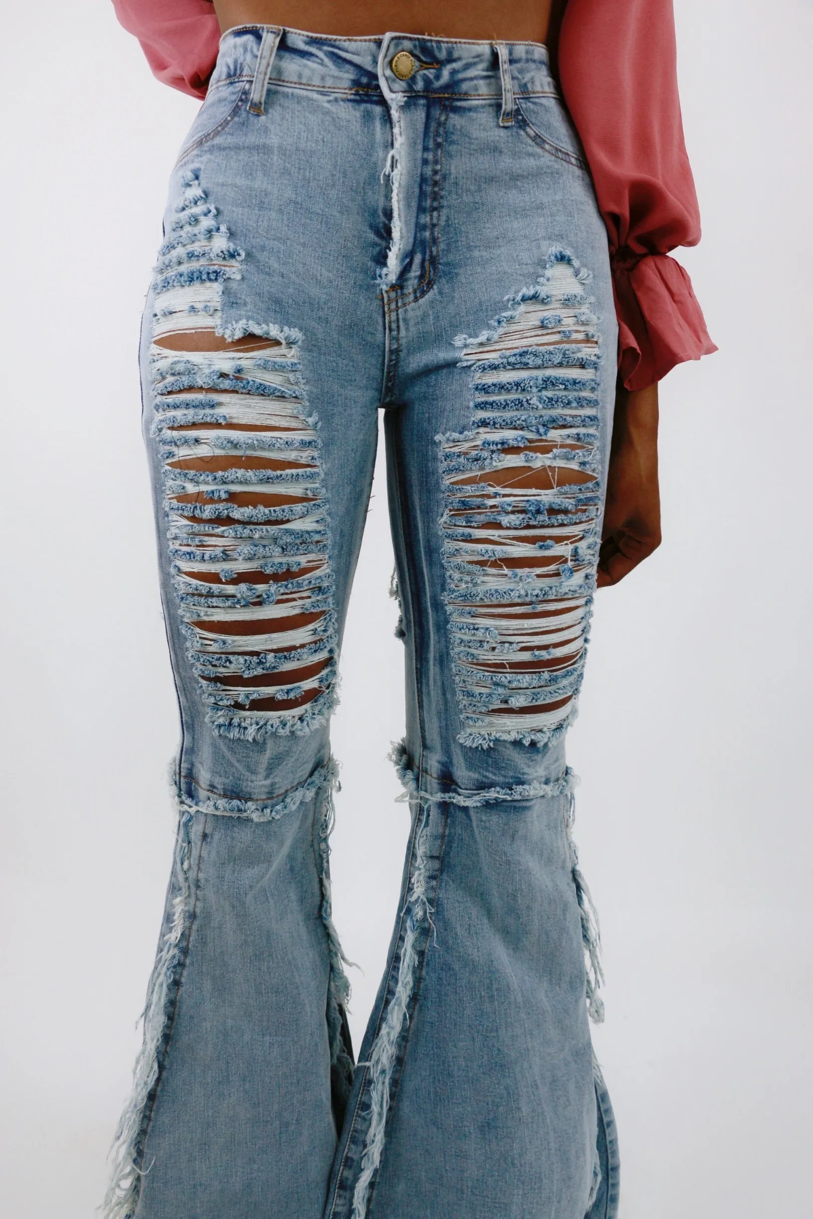 Distressed Frayed Bell Bottom Jeans