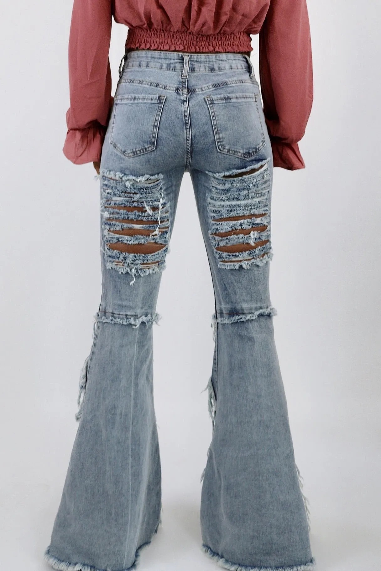 Distressed Frayed Bell Bottom Jeans