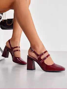 Fashionable Wine Red Mary Jane Style Pointed Toe High Heel Pumps With Ankle Strap, Women Shoes For Spring And Summer