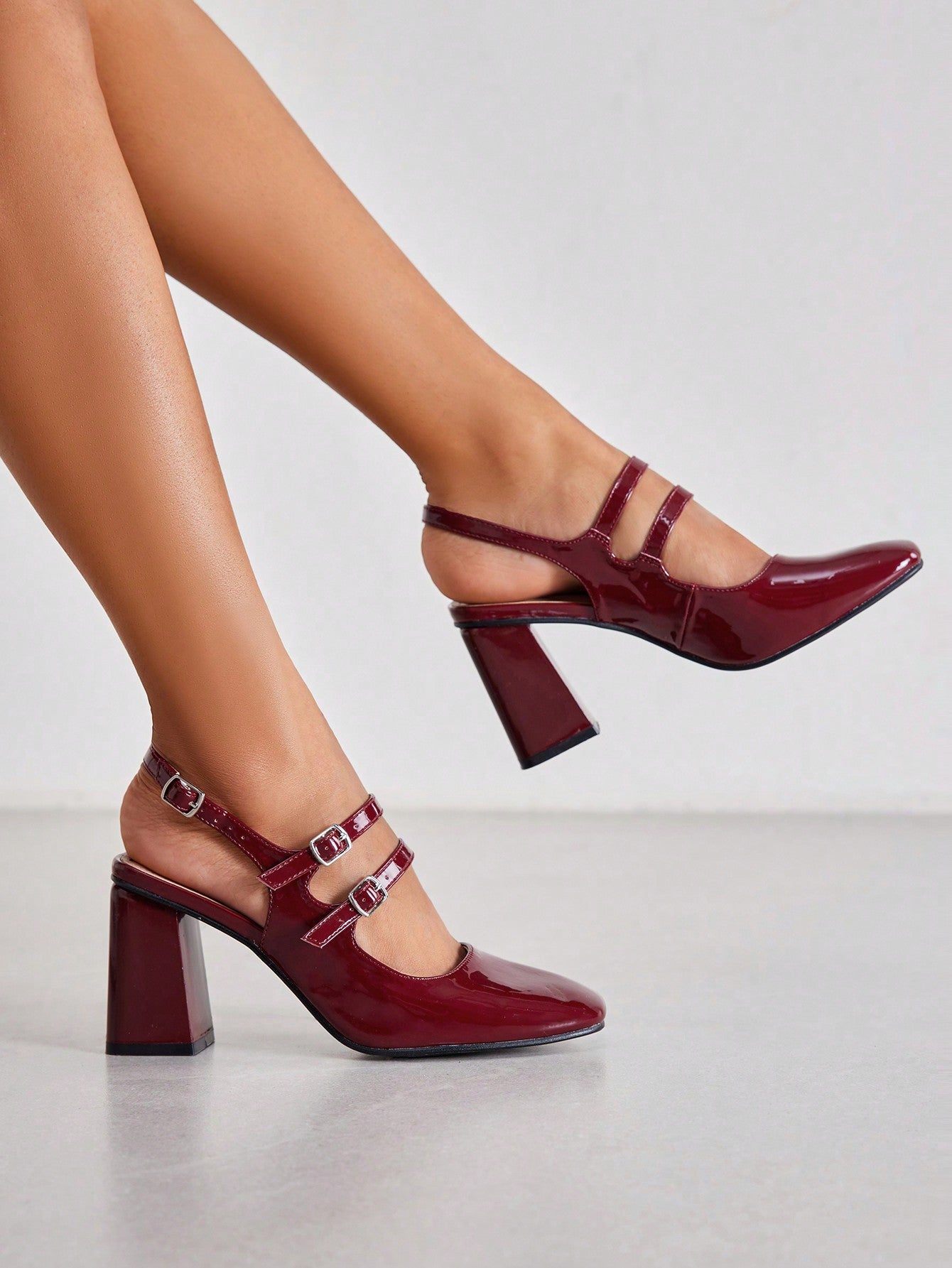 Fashionable Wine Red Mary Jane Style Pointed Toe High Heel Pumps With Ankle Strap, Women Shoes For Spring And Summer