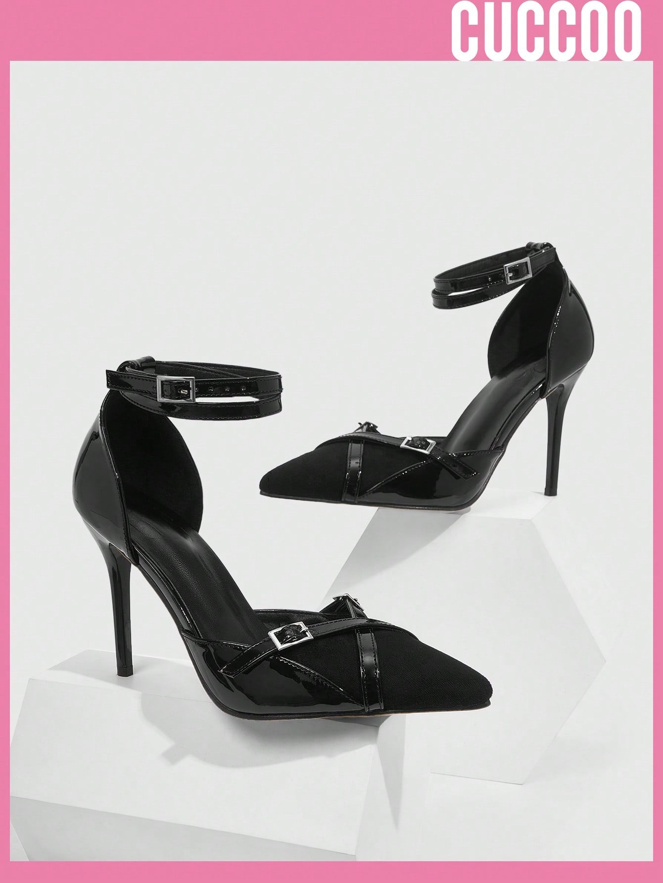 Fashionable Woman Shoes High Heel Pumps With Black Straps & Buckle Design On Ankle For Spring And Summer