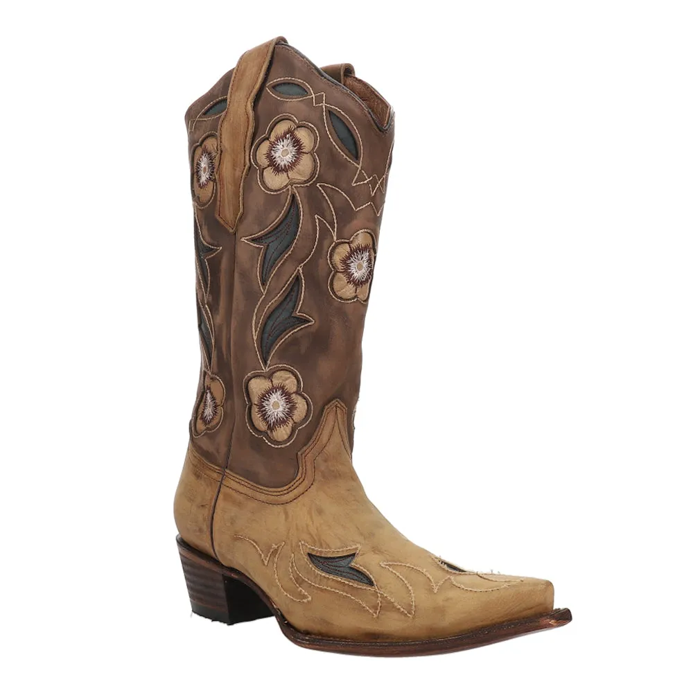 Floral Embroidered Tooled Inlay Snip Toe Cowboy Boots