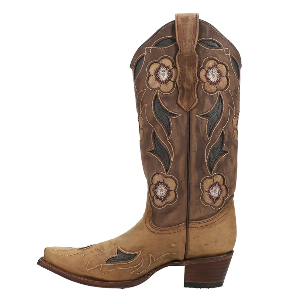 Floral Embroidered Tooled Inlay Snip Toe Cowboy Boots