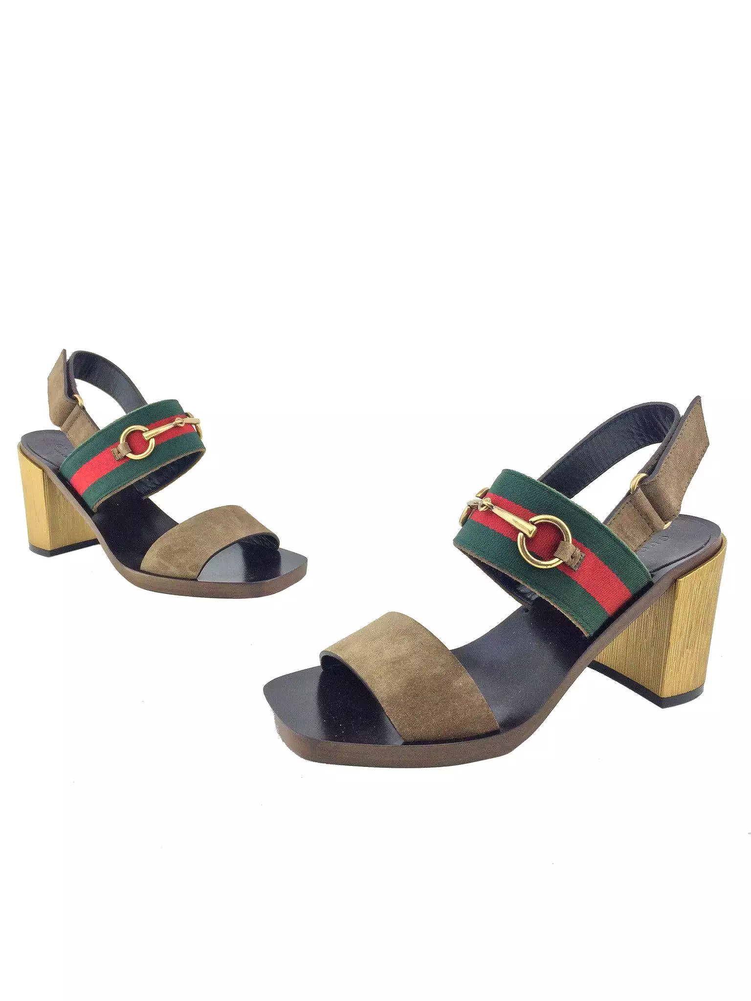 Gucci Web Trimmed Horsebit Suede Slingback Sandals Size 7