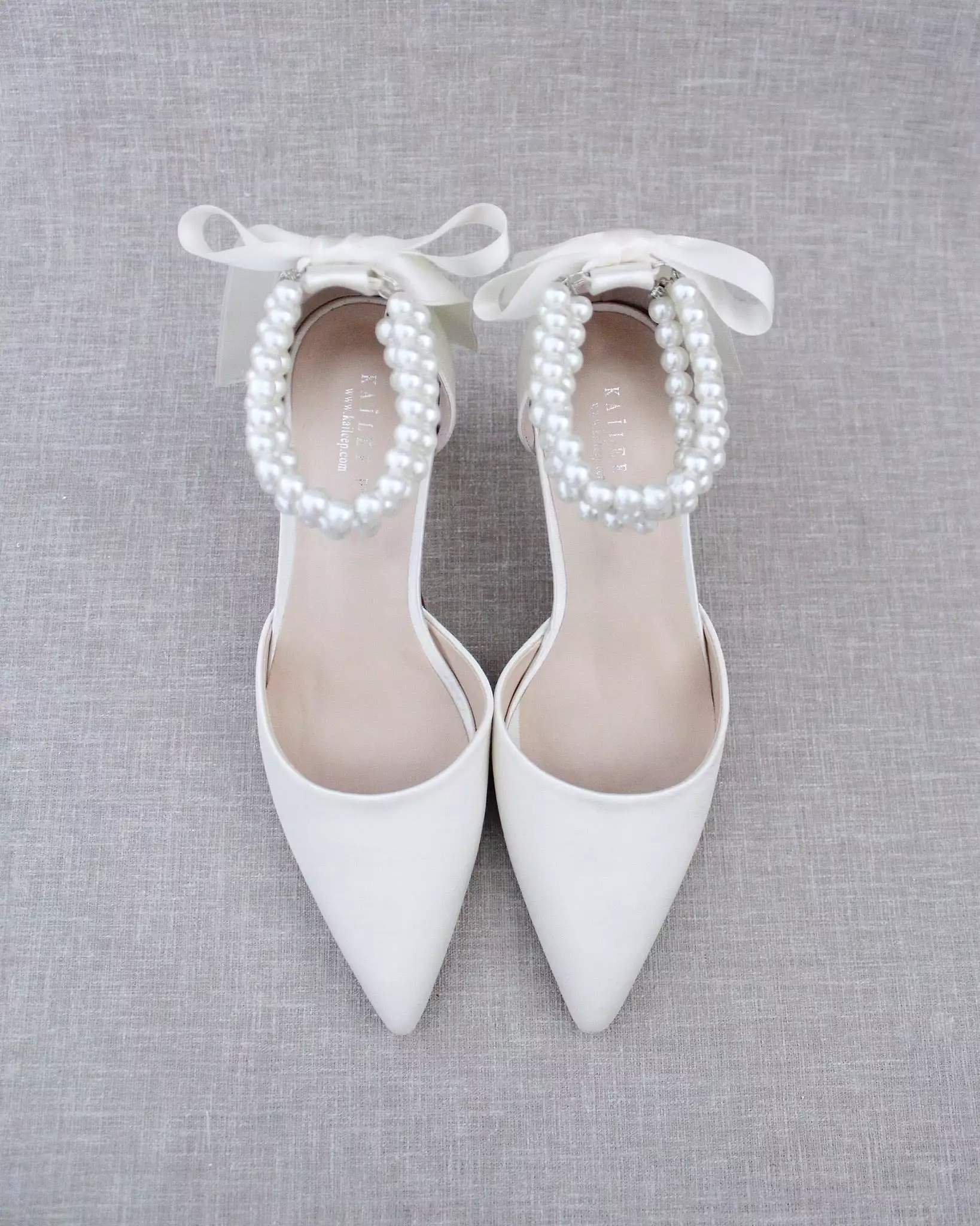 ivory Satin Bridal Shoes with Trinity Pearl Wrap