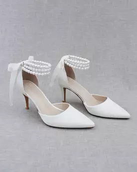 ivory Satin Bridal Shoes with Trinity Pearl Wrap