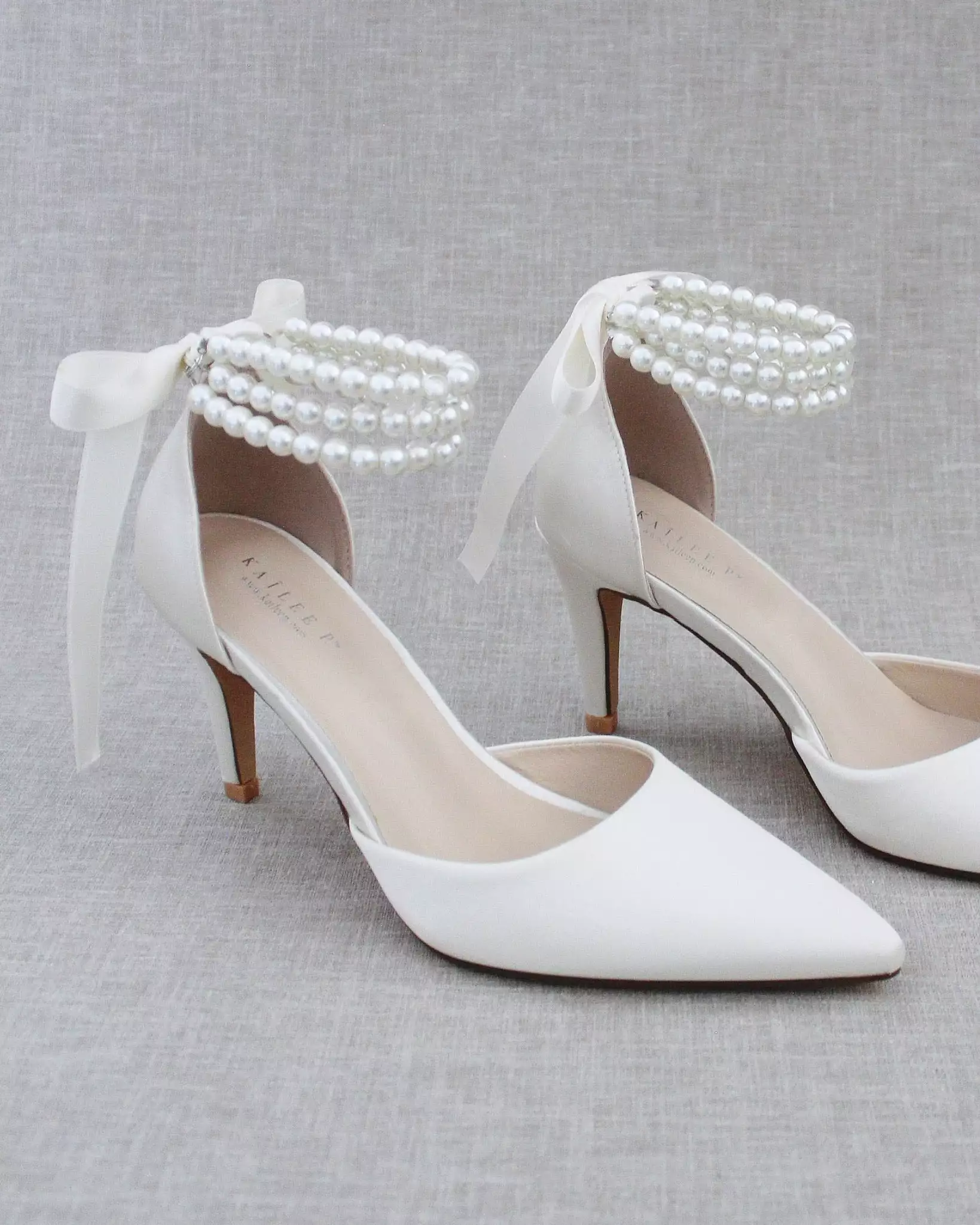 ivory Satin Bridal Shoes with Trinity Pearl Wrap