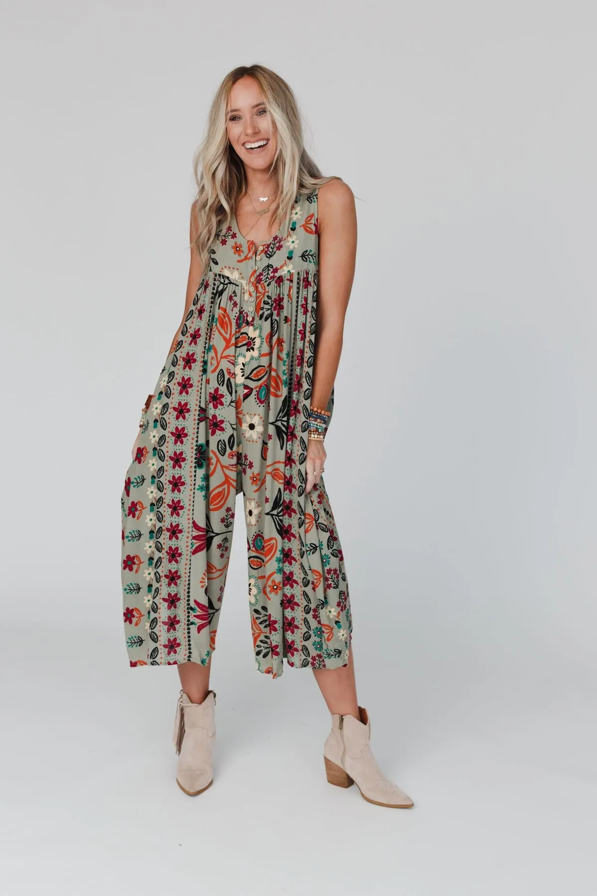 Leona Floral Printed Jumpsuit - Sage