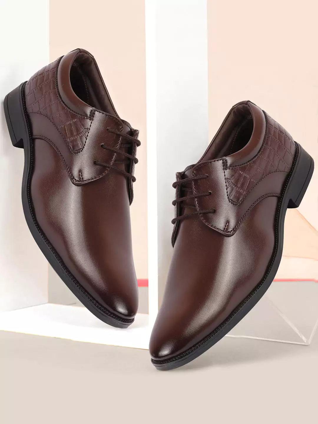 Men Brown Wedding Party Embossed Design Oxford Lace Up Shoes