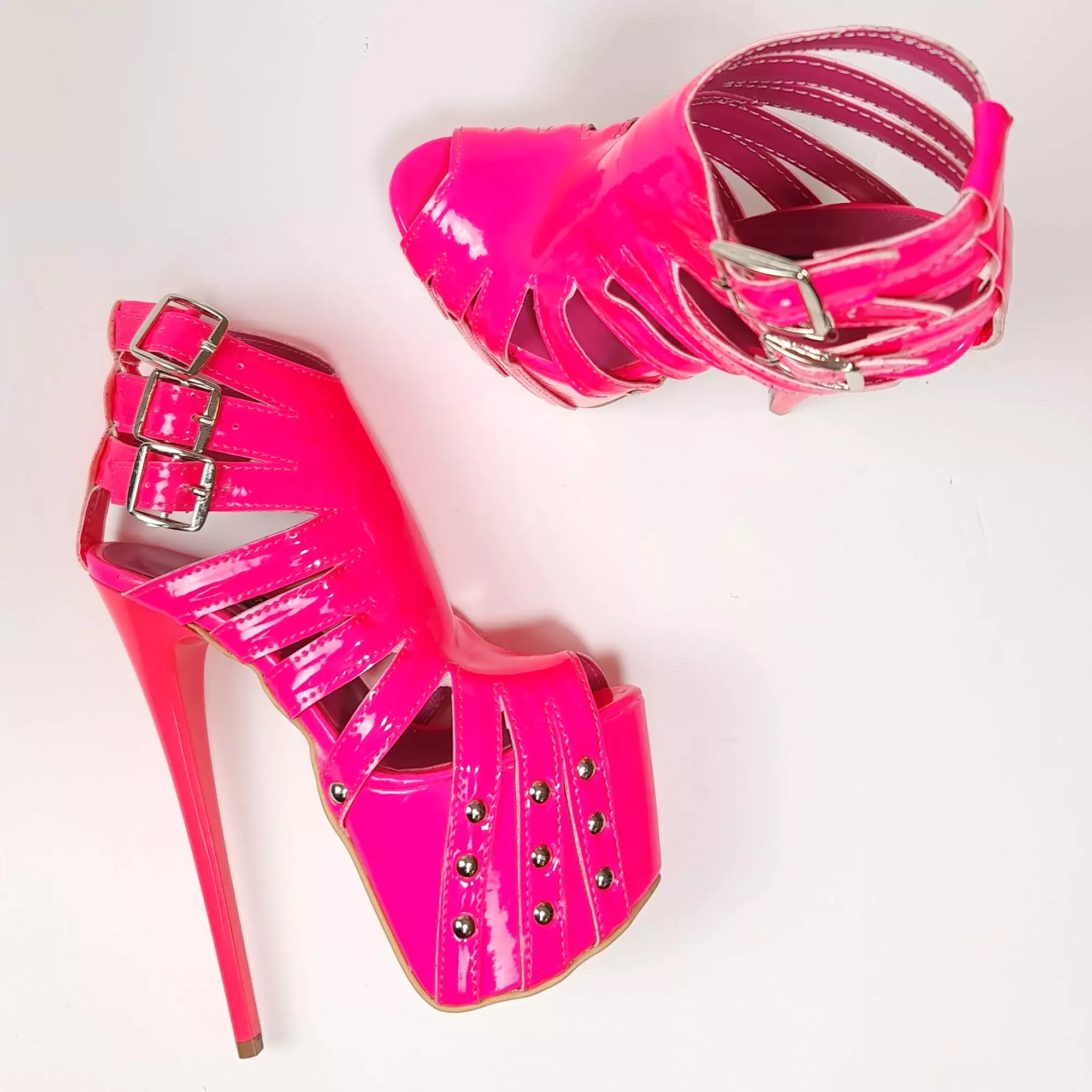 Multi Belted Pink Neon Ankle Cut Pin High Heels