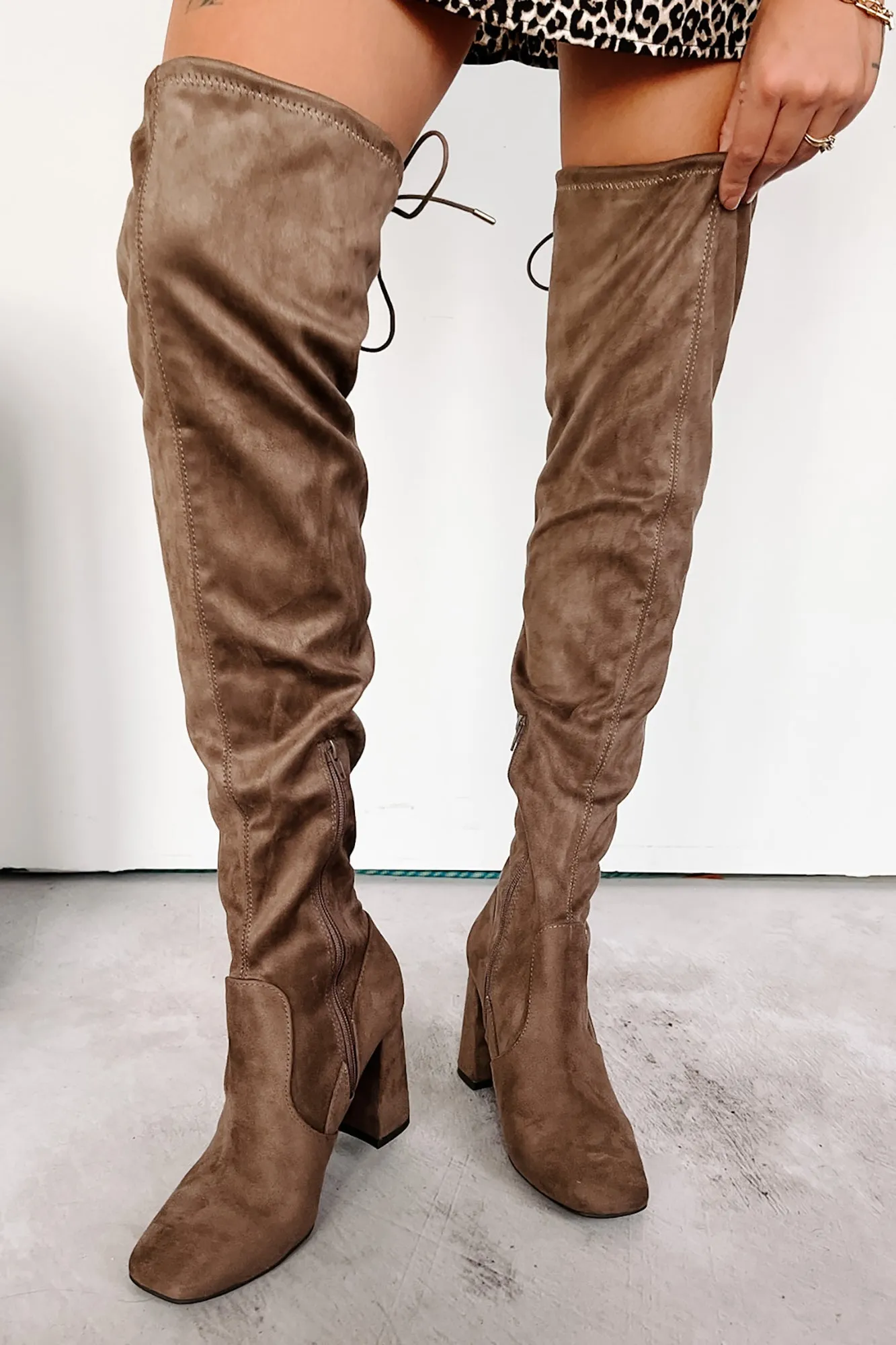 Pay Close Attention Faux Suede Thigh High Boots (Taupe)