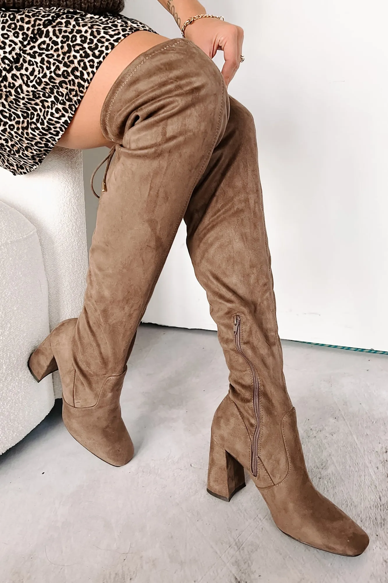 Pay Close Attention Faux Suede Thigh High Boots (Taupe)