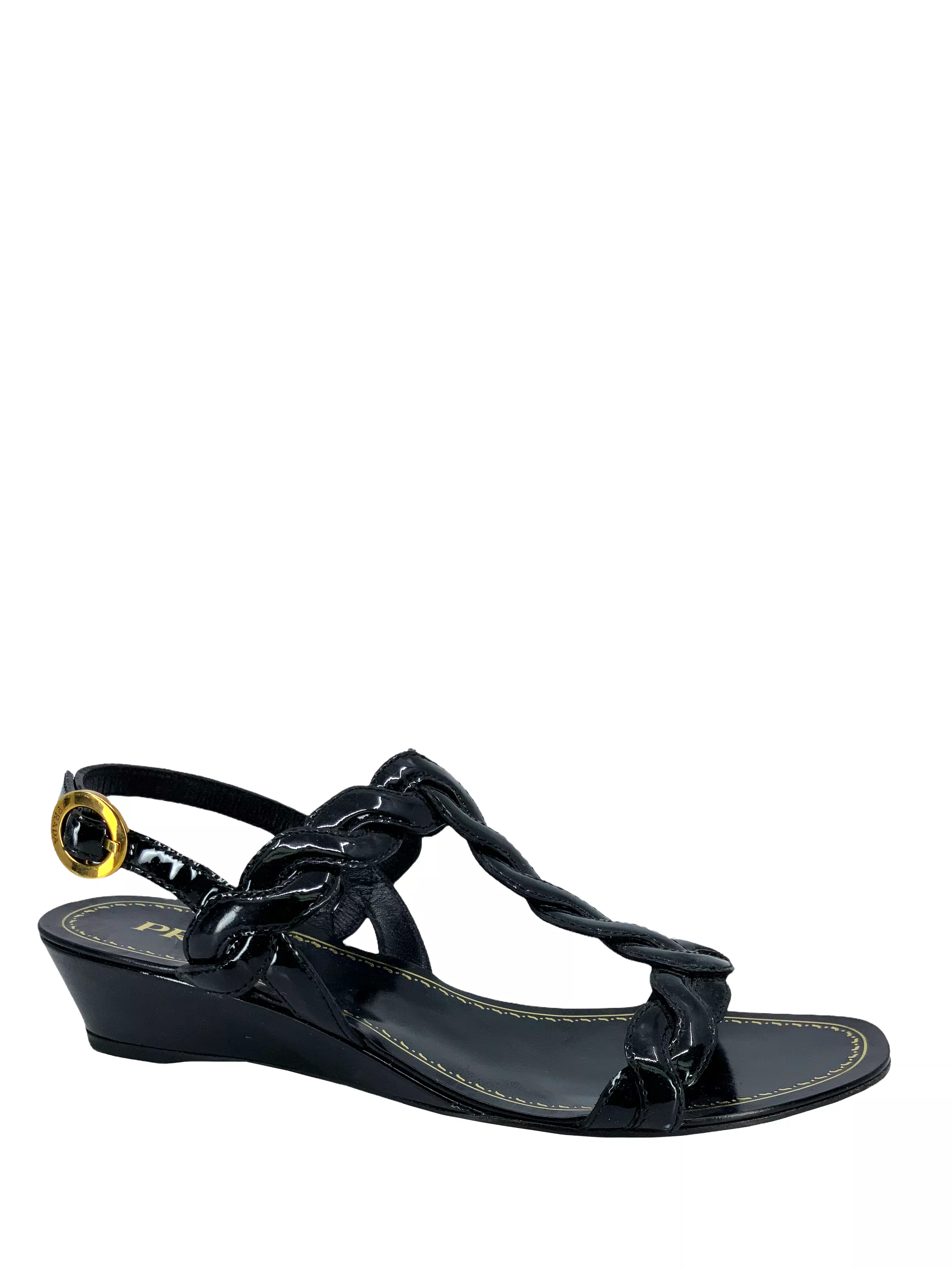 PRADA Braided Patent Leather T-Strap Sandals Size 7