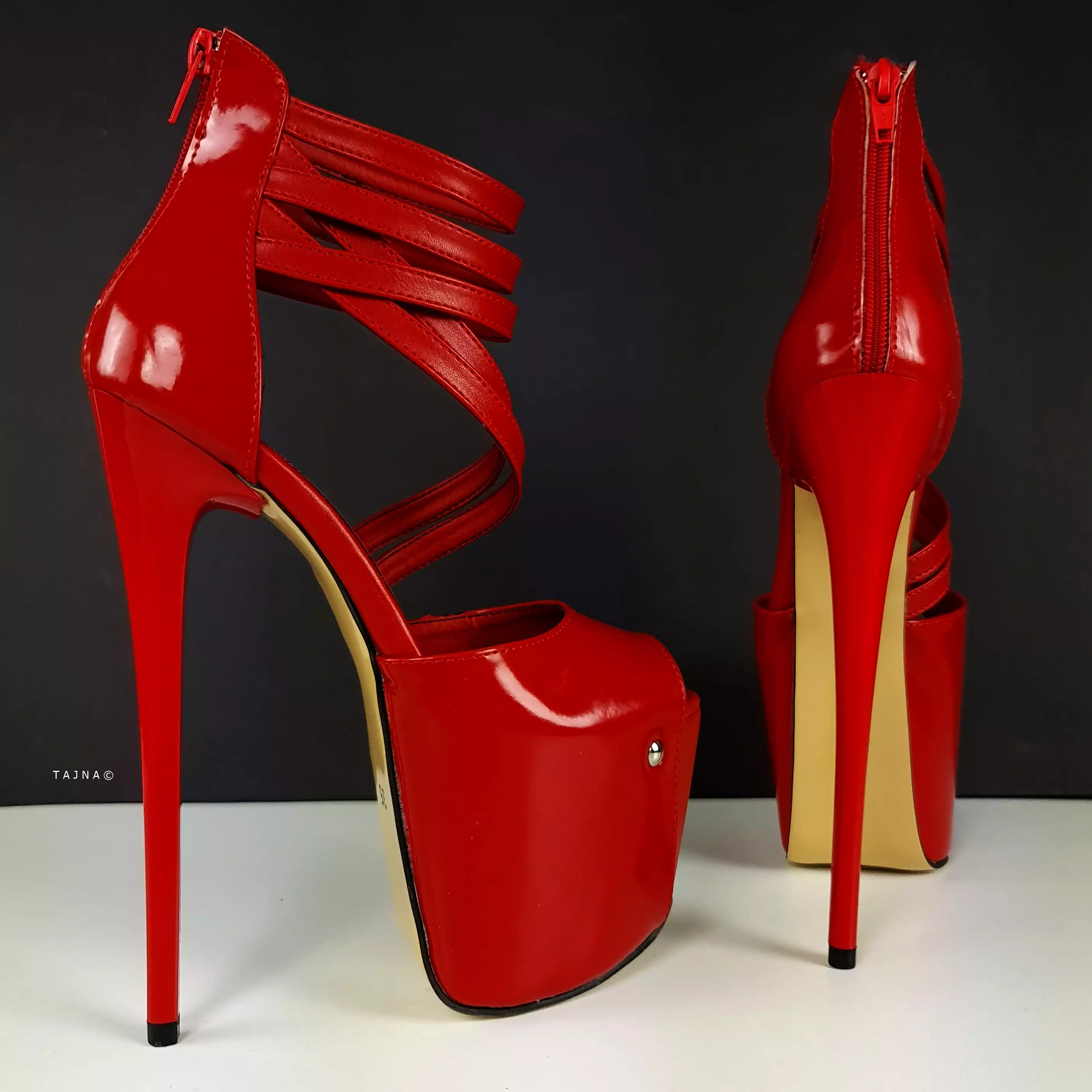 Red Gloss Multi Strap Ankle Cut Peep Toe High Heels