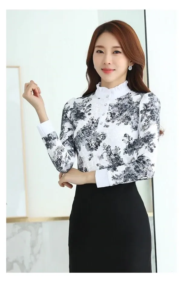 Spring Autumn Women's High Collar Crochet Lace Floral Blouse with Button