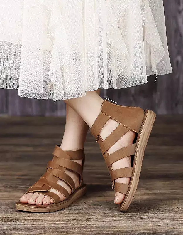 Square Toe Handmade Retro Soft Leather Strap Sandals JD032