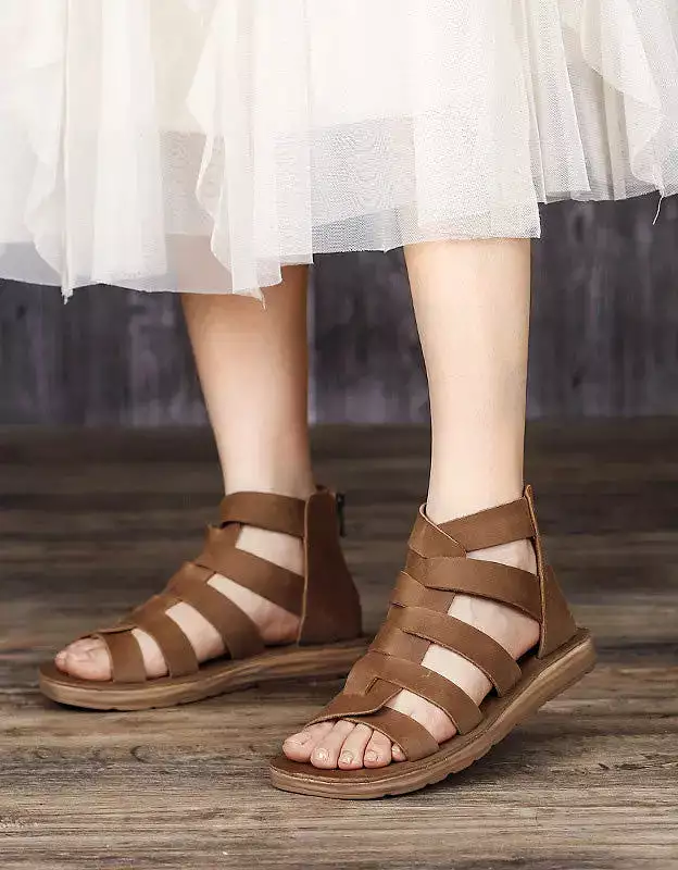 Square Toe Handmade Retro Soft Leather Strap Sandals JD032