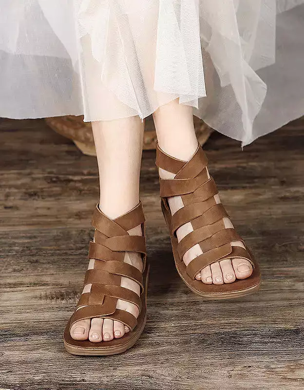 Square Toe Handmade Retro Soft Leather Strap Sandals JD032