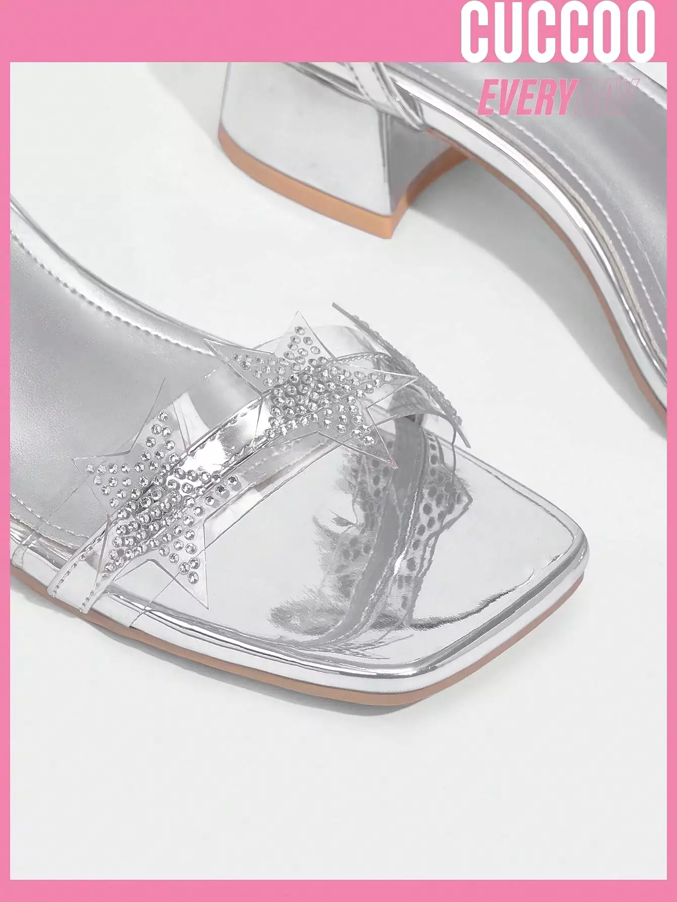 Woman Shoes Fashionable Silver Tpu Ankle-Strap Sandals With Rhinestone Star Design, Low Heel For Spring And Summer