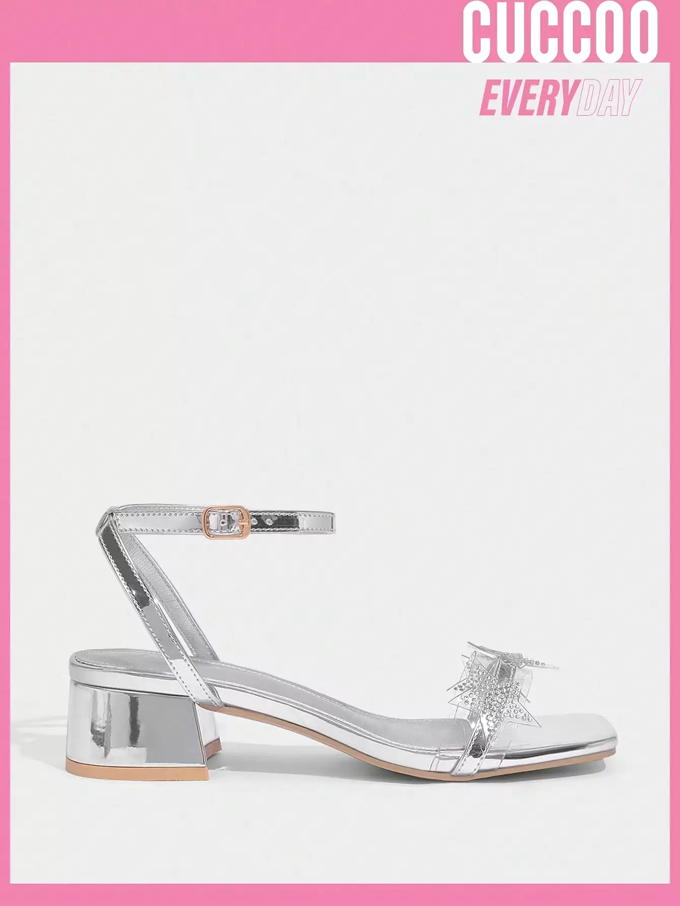 Woman Shoes Fashionable Silver Tpu Ankle-Strap Sandals With Rhinestone Star Design, Low Heel For Spring And Summer