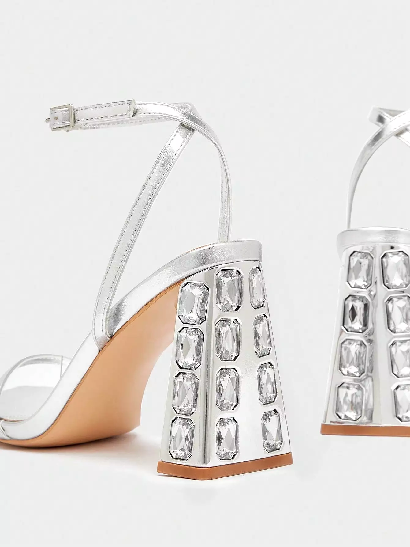 Women Metallic Thin Strap Chunky Heeled Sandals, Glamorous Silver Ankle Strap Sandals