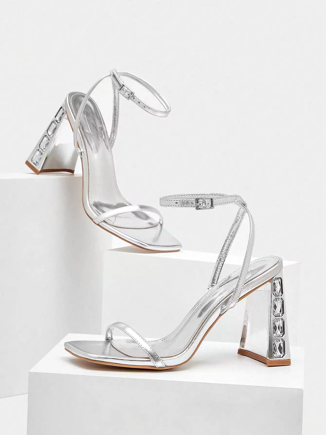 Women Metallic Thin Strap Chunky Heeled Sandals, Glamorous Silver Ankle Strap Sandals