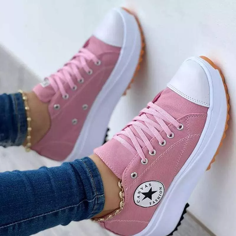 Women's Fashion Canvas Color-Blocking Lace-up Platform Heel Sneakers