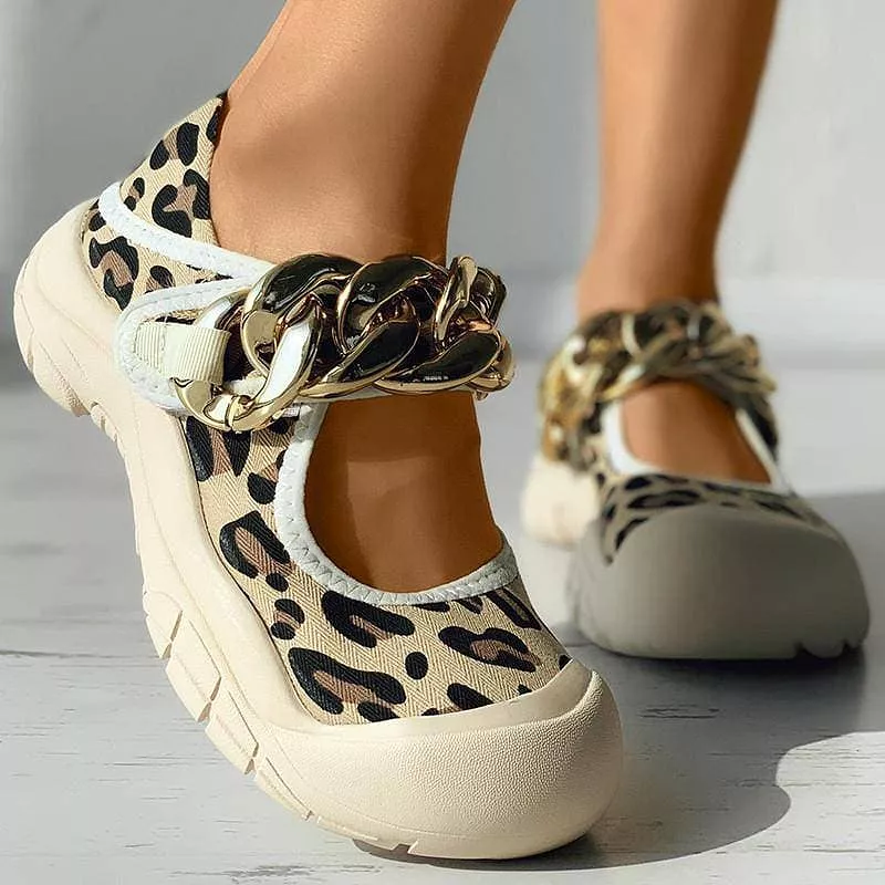 Women's Fashion Casual Canvas Animal Print Chain Magic Tape Flat Shoes